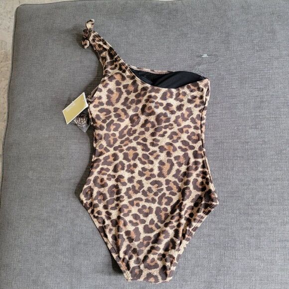 Michael Kors Women Tan Brown Leopard Print knotted one Shoulder Swimsuit sz 8 - Picture 11 of 16